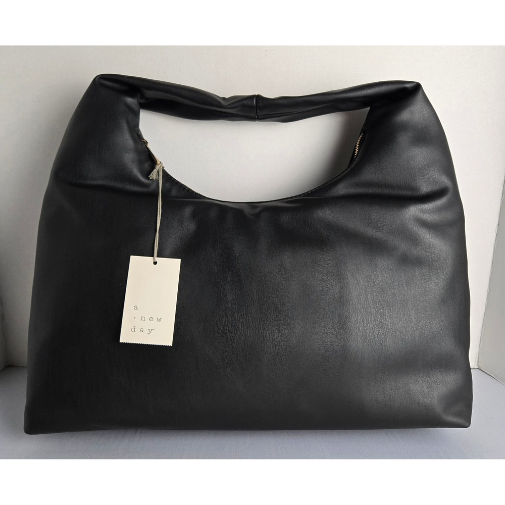 A New Day Women Soft Padded Hobo Handbag Black Faux Leather Shoulder Bag NWT